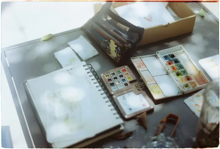 A collection of watercolor paints and tools on a sunlit table inspiring creativity and artistic expression.